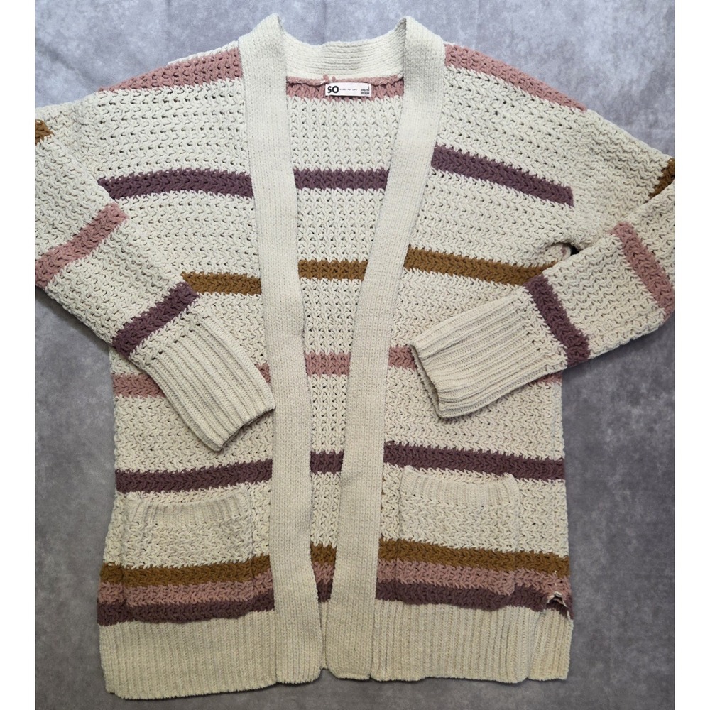 SO Cardigan Wms Small Cream Long Sleeve Open Front Autumn Stripes Crochet Granny